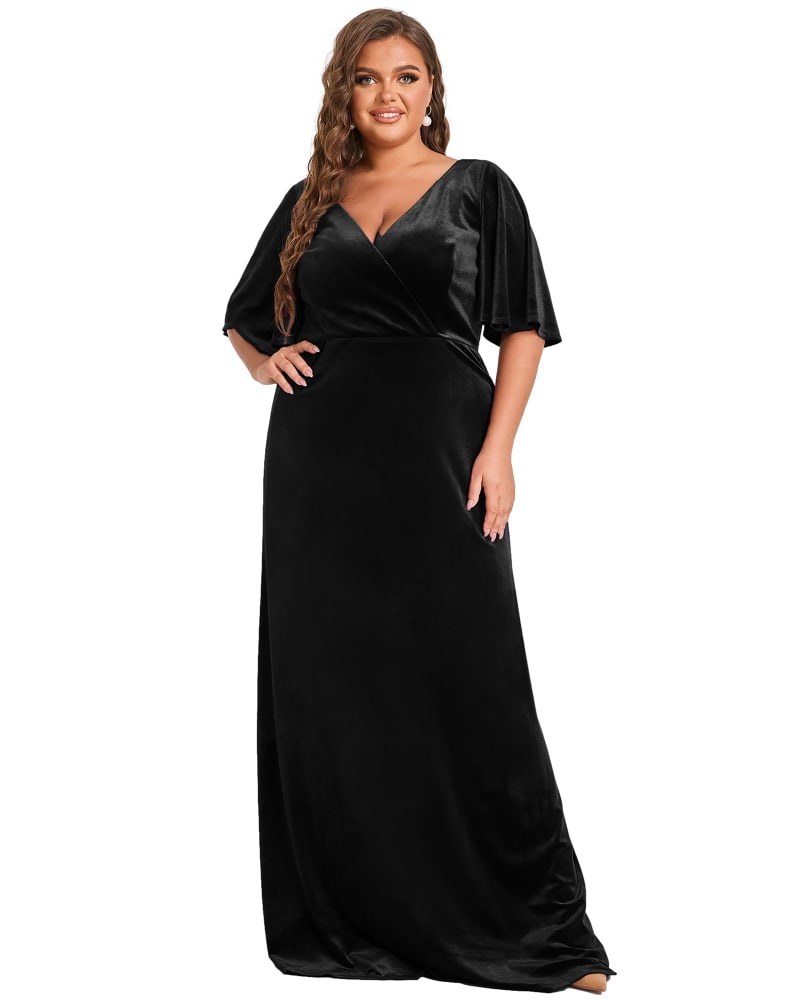 Front of a model wearing a size 18 Elegant Double V Neck Velvet Party Dress with Sleeves in Black by Ever-Pretty. | dia_product_style_image_id:327868